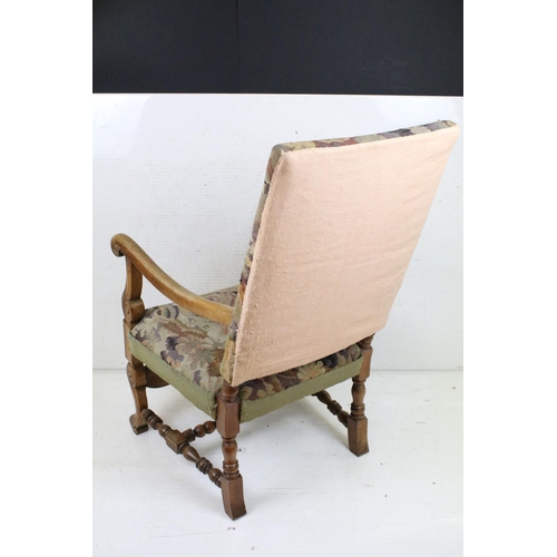 601 - 19th century Open Armchair with needlework upholstered back and seat, scrolling carved arms, legs an... 