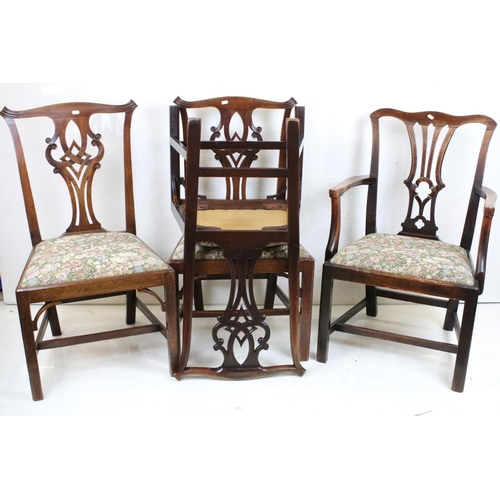 607 - Set of Three George III Mahogany style Dining Chairs with pierced carved splats and drop-in floral u... 