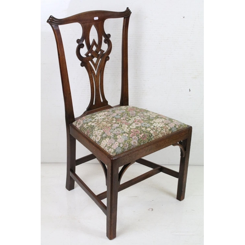 607 - Set of Three George III Mahogany style Dining Chairs with pierced carved splats and drop-in floral u... 