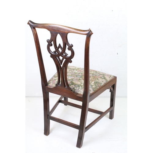 607 - Set of Three George III Mahogany style Dining Chairs with pierced carved splats and drop-in floral u... 