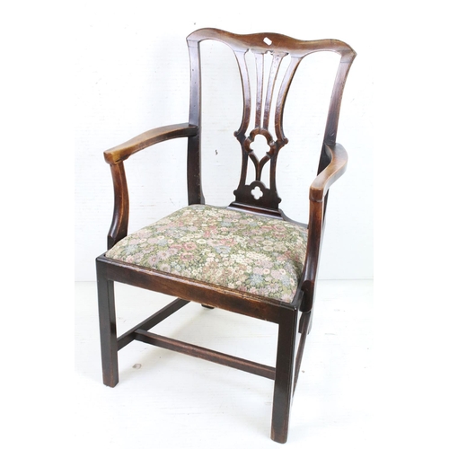 607 - Set of Three George III Mahogany style Dining Chairs with pierced carved splats and drop-in floral u... 