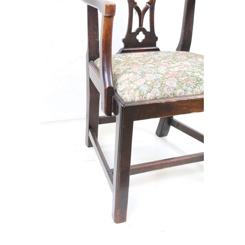 607 - Set of Three George III Mahogany style Dining Chairs with pierced carved splats and drop-in floral u... 