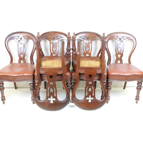 608 - Set of Six Victorian Balloon Back Mahogany Dining Chairs with brown leatherette upholstered seats, e... 