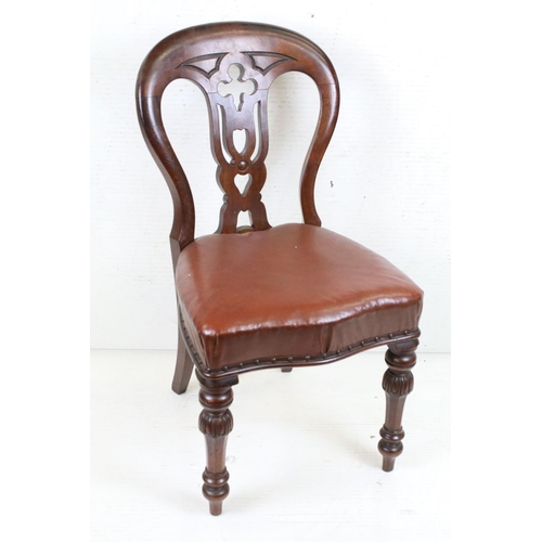 608 - Set of Six Victorian Balloon Back Mahogany Dining Chairs with brown leatherette upholstered seats, e... 