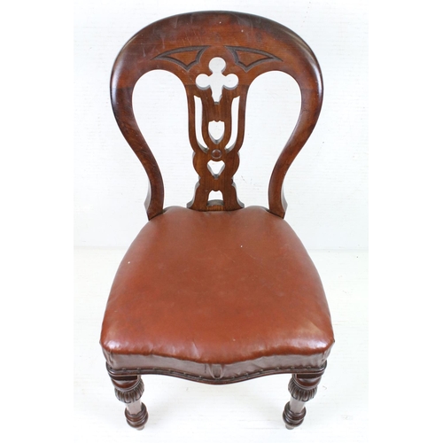 608 - Set of Six Victorian Balloon Back Mahogany Dining Chairs with brown leatherette upholstered seats, e... 