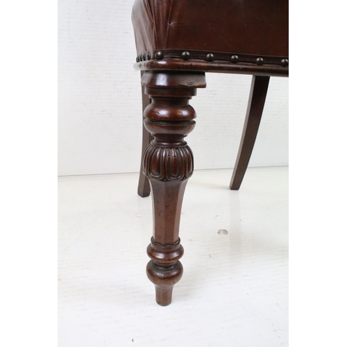 608 - Set of Six Victorian Balloon Back Mahogany Dining Chairs with brown leatherette upholstered seats, e... 