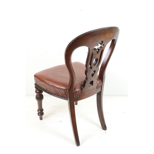 608 - Set of Six Victorian Balloon Back Mahogany Dining Chairs with brown leatherette upholstered seats, e... 