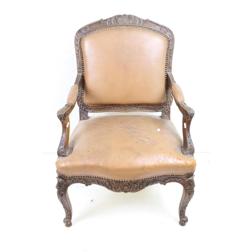 609 - French Carved Walnut Open Armchair with brown leather upholstered back, seat and elbow pads. 95cm hi... 