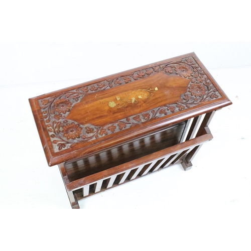 624 - Indian Carved Hardwood and Brass Inlaid Magazine Rack Side Table, 45cm high x 52cm wide