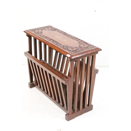 624 - Indian Carved Hardwood and Brass Inlaid Magazine Rack Side Table, 45cm high x 52cm wide