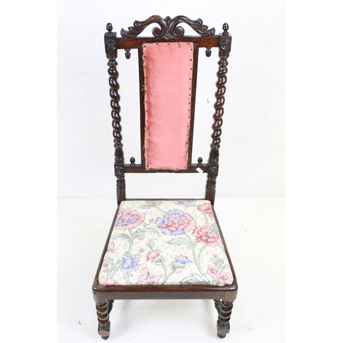 638 - 19th century Rosewood Nursing or Low Chair with barley-twist carved supports, upholstered back panel... 