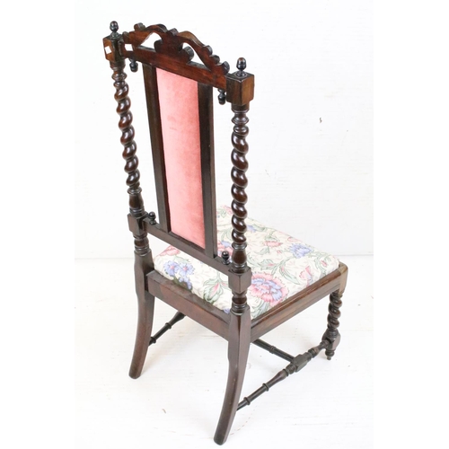 638 - 19th century Rosewood Nursing or Low Chair with barley-twist carved supports, upholstered back panel... 