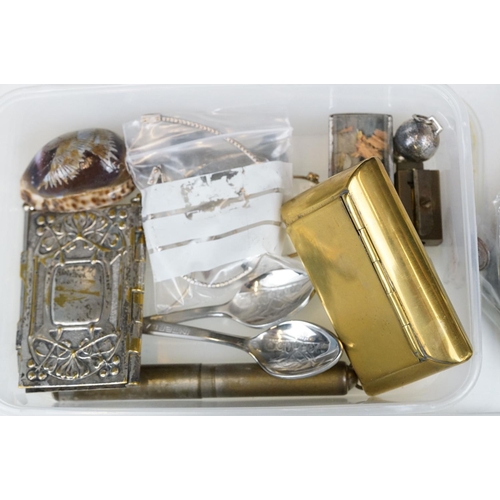 210 - A box of mixed collectables to include silver spoons, Rolex spoons, buttons, aide memoire...etc.