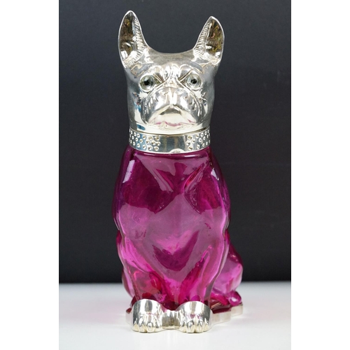 221 - Pink Glass Decanter in the form of a Dog with Silver Plated mounts