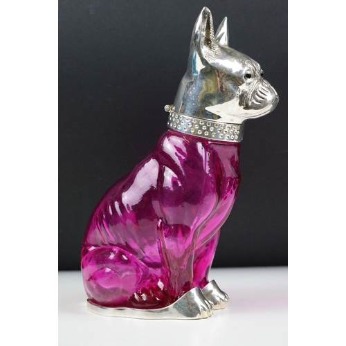 221 - Pink Glass Decanter in the form of a Dog with Silver Plated mounts