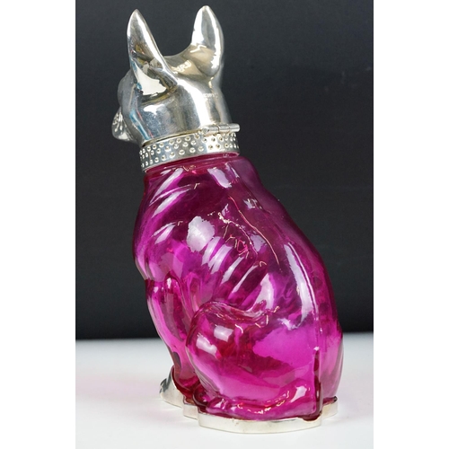 221 - Pink Glass Decanter in the form of a Dog with Silver Plated mounts