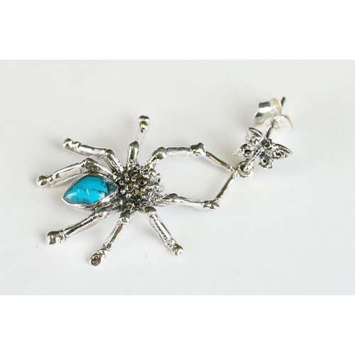 240A - Pair of Silver Marcasite and Turquoise Spider Earrings