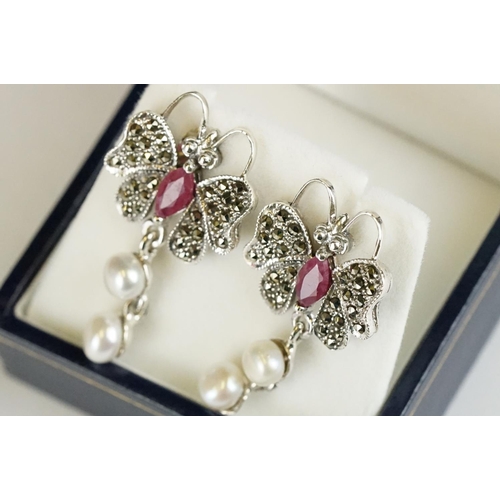 242 - Pair of Silver and Ruby Butterfly Earrings with pearl drops