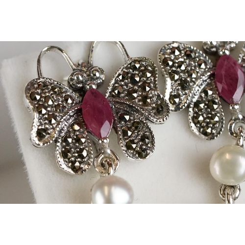 242 - Pair of Silver and Ruby Butterfly Earrings with pearl drops