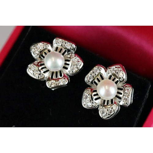 244 - Pair of Silver Flower Head Pearl Panelled Stud Earrings