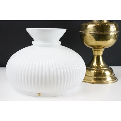 129 - 20th Century oil lamp with Austrian white glass shade, chimney, and a gilt metal reservoir & foot. M... 