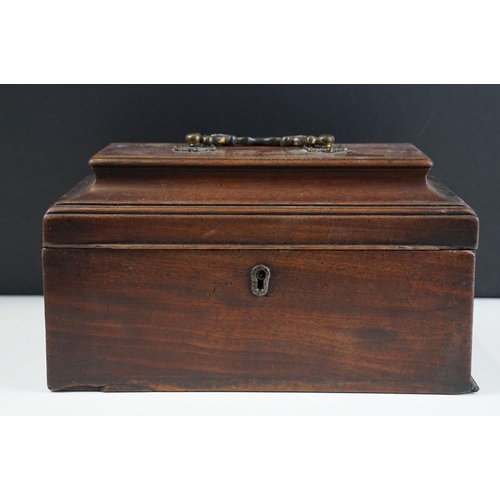 130 - 19th Century mahogany box of sarcophagus form, opening to a three compartment interior (25.5cm wide)... 