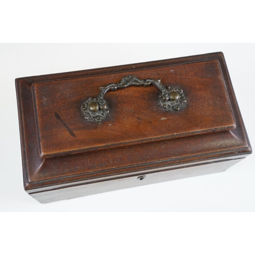 130 - 19th Century mahogany box of sarcophagus form, opening to a three compartment interior (25.5cm wide)... 