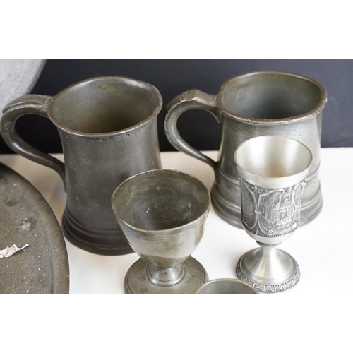 170 - Collection of 18th Century and later pewter to include two small plates B&P London, 1/ pint tankards... 