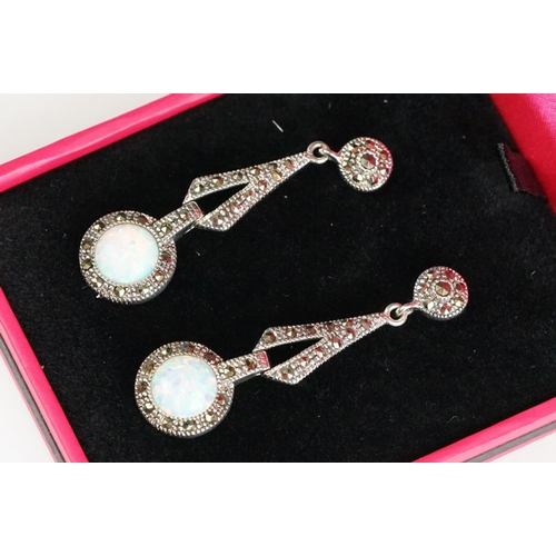 262 - Pair of Silver Marcasite and Opal Panelled Drop Earrings