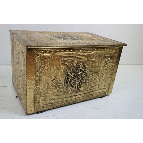 359 - Embossed brass box, decorated to lid & front with an interior family scene, approx 52cm W x 32cm H; ... 