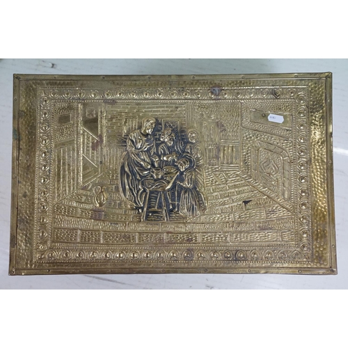 359 - Embossed brass box, decorated to lid & front with an interior family scene, approx 52cm W x 32cm H; ... 