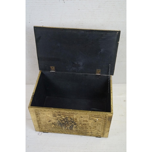 359 - Embossed brass box, decorated to lid & front with an interior family scene, approx 52cm W x 32cm H; ... 