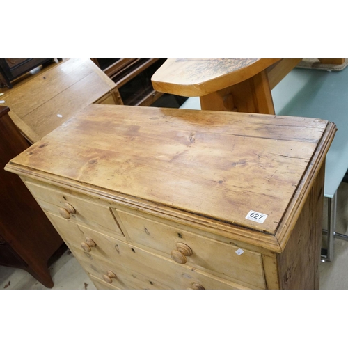 627 - Victorian Pine Chest of Two Short and Three Long Drawers raised on bun feet, 106cm high x 98cm wide ... 