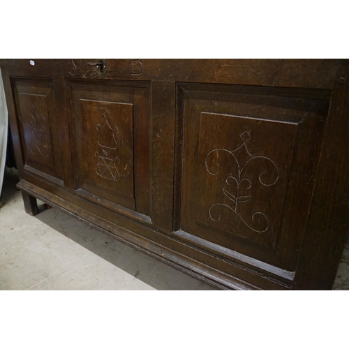 674 - Antique Oak Coffer, the front frieze carved with the initials S B and each of the three front panels... 