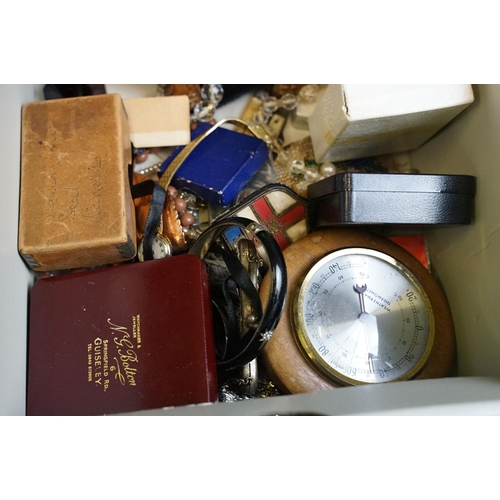 308 - A box of mixed collectables to include jewellery, watches, penknife, barometer, clock....etc.