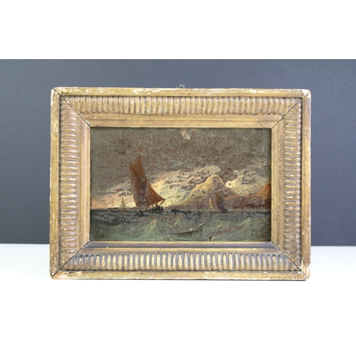 458 - 19th century Oil on Panel Fishing Boats in rough seas, 10.5 x 17cm, together with a Signed Oil on Ca... 