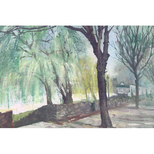 461 - Hugh Chevins (1931 - 2003), Willows at Windsor, oil on board, signed lower right, title label verso,... 