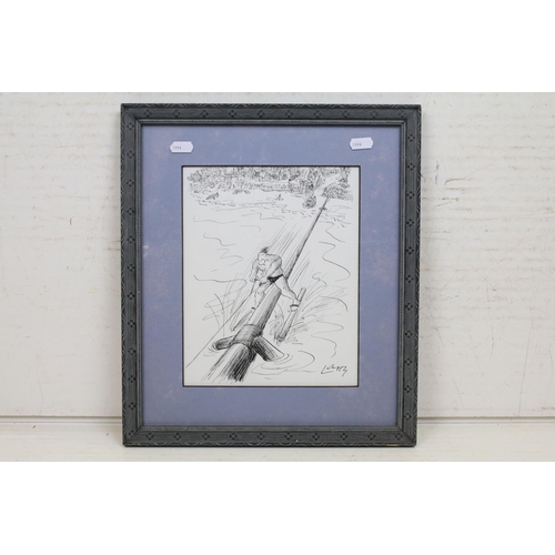 463 - Lahz, cartoon depicting a man water skiing, pen and ink, 24.5 x 19.5cm, framed and glazed together w... 