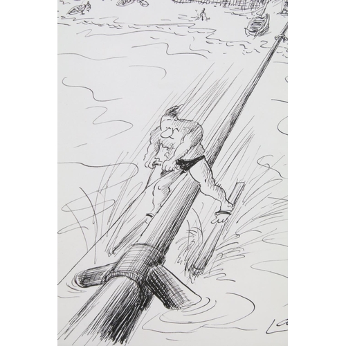 463 - Lahz, cartoon depicting a man water skiing, pen and ink, 24.5 x 19.5cm, framed and glazed together w... 