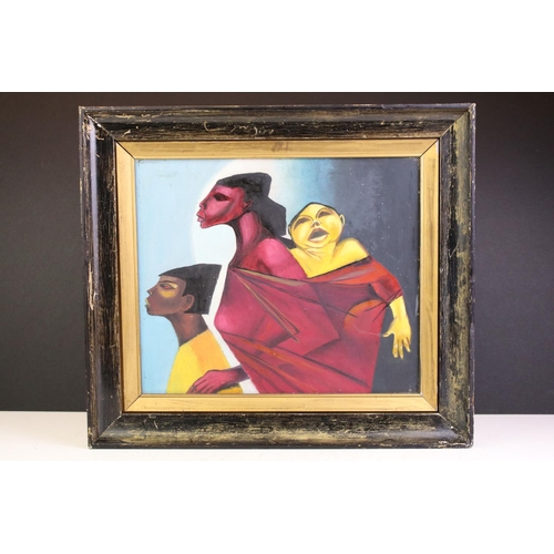 465 - Oil on Board, a Renaissance Art Portrait of a mother with children, 27cm x 32cm, framed