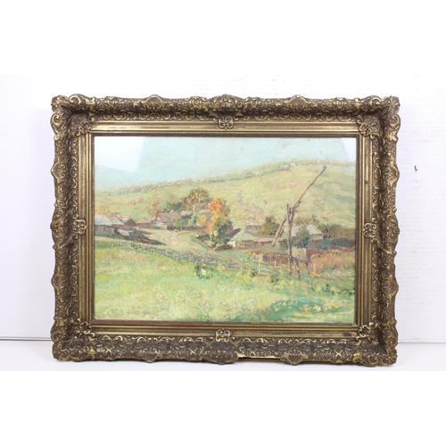 466 - 19th / Early 20th century Oil on Board, an extensive hilly landscape with farmhouse, figures and woo... 