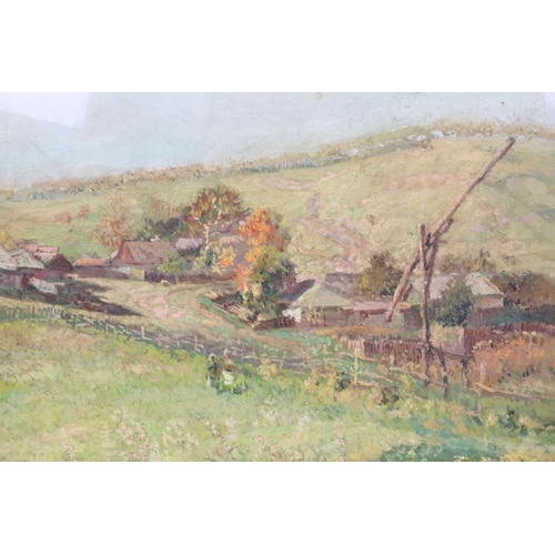 466 - 19th / Early 20th century Oil on Board, an extensive hilly landscape with farmhouse, figures and woo... 