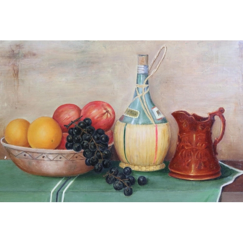 477 - J. Smith, still life with a bowl of fruit, Chianti bottle and jug, oil on canvas, 28.5 x 44.5cm, gil... 