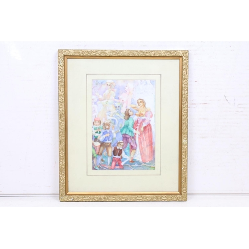 478 - Gilt Framed Watercolour of an 18th century Classical Dance Ball scene with figures and minstrels, 27... 