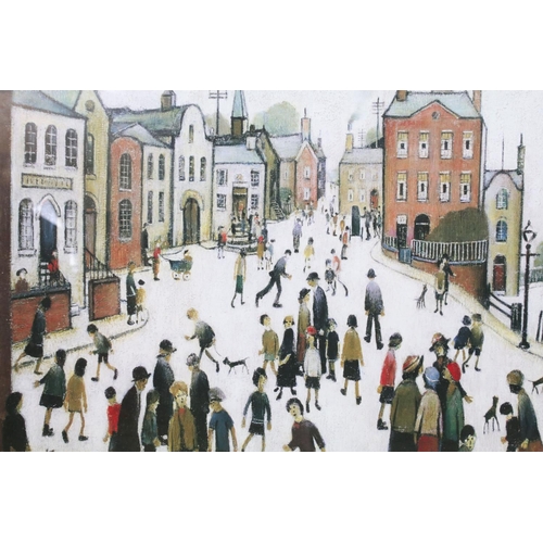 479 - After L S Lowry, a gallery framed print titled ' A Village Square ', label on verso, 45cm x 59.5cm, ... 