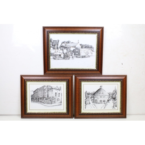 480 - Martin Lucas (20th Century) - Three pen & ink studies, the subjects to include a steam engine, thatc... 