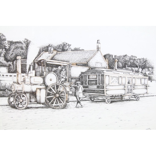 480 - Martin Lucas (20th Century) - Three pen & ink studies, the subjects to include a steam engine, thatc... 