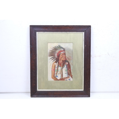 482 - Oil Painting Portrait of a Native American Indian Chief, 28.5cm x 18.5cm, framed and glazed