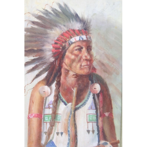 482 - Oil Painting Portrait of a Native American Indian Chief, 28.5cm x 18.5cm, framed and glazed