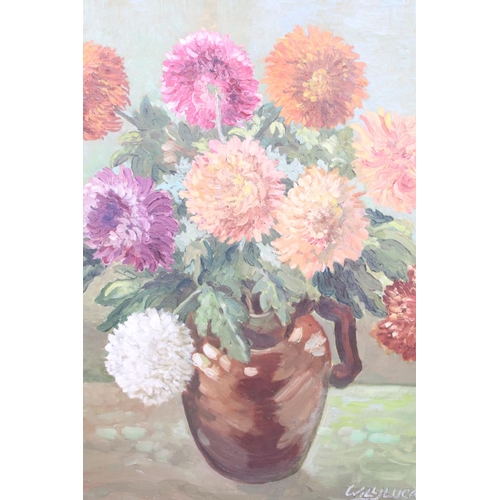 489 - Will Lucas, still life jug of chrysanthemums, oil on canvas, 58.5 x 48.5cm, gilt framed